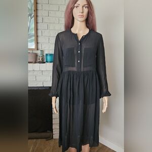 Aritzia WILFRED  Black Sheer Dress MIDI long Sleeves Button Down Loose Fit silk